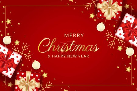 merry christmas and happy new year greeting card with realistic red decoration