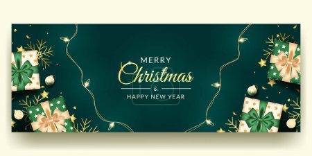 joyeux Noël et heureux nouveau design de bannière avec une décoration verte réaliste