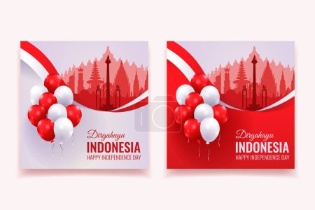 indonesia independence day social media banner decorated with wavy flags and balloons