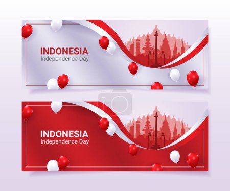 set of indonesia independence day banner decorated with wavy flags and balloons