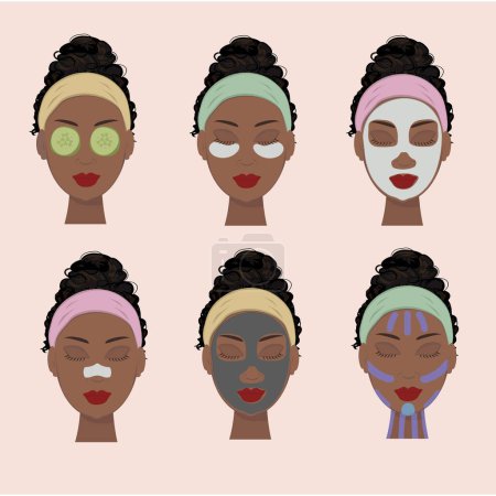 Illustration for Black girl with bun cares and protects her face with various actions, treatment, beauty, healthy, hygiene, lifestyle. Girl applies different facial masks. Set of separated vector illustrations - Royalty Free Image