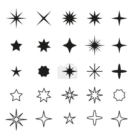 Téléchargez les illustrations : Icônes noires de différentes formes d'étoiles isolées sur fond blanc - en licence libre de droit