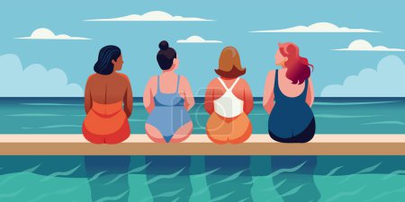 Téléchargez les illustrations : Illustration vectorielle plate colorée avec des filles de taille plus près de la piscine pour les dessins d'été. - en licence libre de droit