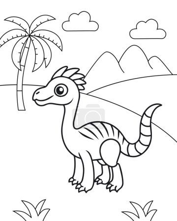 Coloring page for children with a little cute dinosaur on a background with palm trees and the sun. Vector illustration.