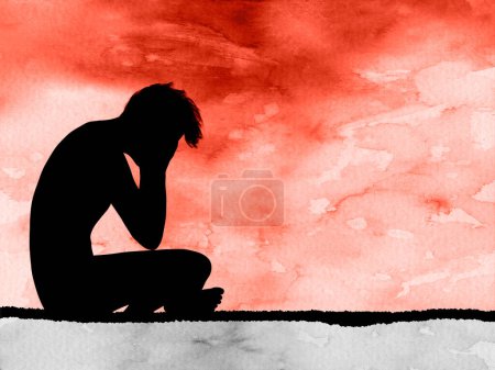 Foto de Watercolor Sadness - Bay sad on red background - Imagen libre de derechos