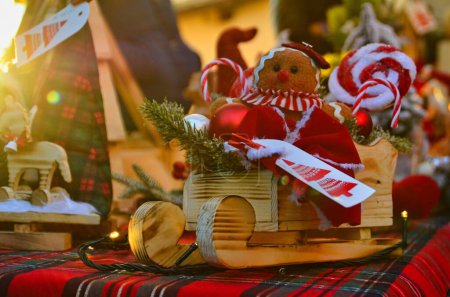 Photo for Christmas decoration on wooden bench - Royalty Free Image