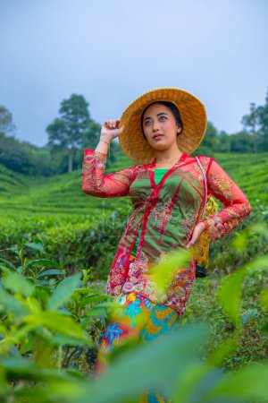 Photo for A tea leaf farmer holding a bamboo hat while working in the tea garden in the morning - Royalty Free Image
