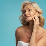 Attractive Caucasian 50-55 years mature blonde woman, wrapper in white terry towel after shower, applies anti-aging smoothing moisturizer on her face, isolated over blue background with copy ad space