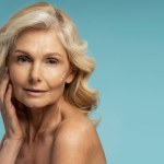 Beautiful 50-55 years old Caucasian blonde mature woman applying anti-aging moisturizing cream onto face, isolated on blue background with copy advertising space. Skin care and mature beauty concept