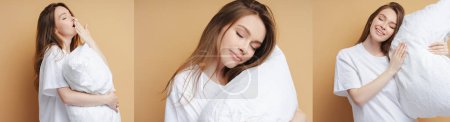 Photo for Collage of young cute caucasian woman sleeping, holding comfortable white pillow isolated on beige background. Morning concept - Royalty Free Image