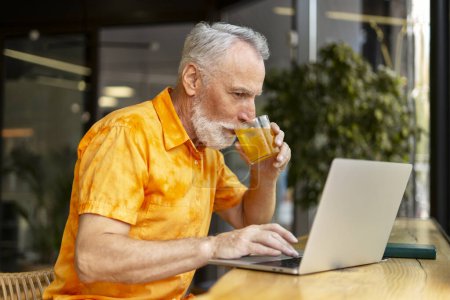 Photo for Handsome senior man using laptop, working at workplace, drinking cocktail or lemonade, remote work in office. Attractive bearded mature male programmer online job. Technology concept - Royalty Free Image
