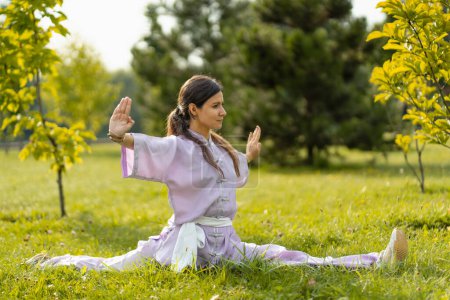 Foto de Retrato de una mujer seria usando kimono sentada en el torzal, practicando wushu en el parque. Vida sana, kungfu, concepto de artes marciales - Imagen libre de derechos