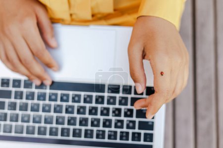 Photo for Closeup of business woman, freelancer, copywriter hands typing on keyboard working online, planning project sitting in modern office. Female shopping online, ordering food, selective focus. Technology - Royalty Free Image