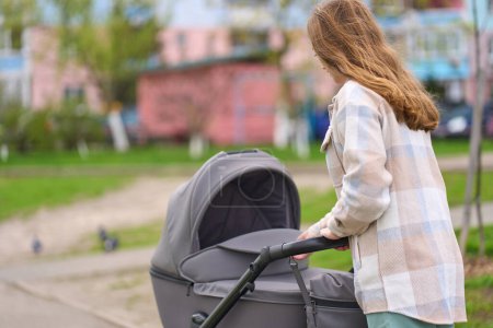 Photo for Rear view of a red haired young woman, mother walking with her lovely newborn child in the baby carriage during outdoor recreation in the nature park on a sunny windy day. Happy maternity concept - Royalty Free Image