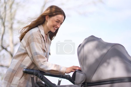 Téléchargez les photos : Caucasienne jeune femme aux cheveux roux souriant heureux avec des taches de rousseur sur le visage, profiter de son congé de maternité, exprimer des émotions positives, marcher avec une poussette bébé dans le parc par une journée ensoleillée - en image libre de droit