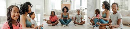 Photo for Collage, positive excited children and mother sitting in lotus position, doing exercises at home, training together. Concept of sport, active lifestyle - Royalty Free Image