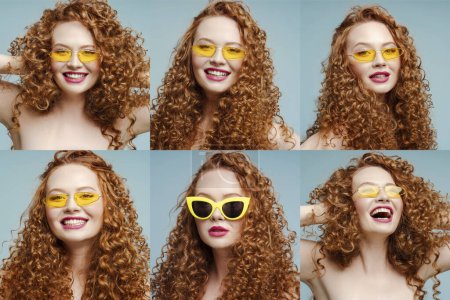Téléchargez les photos : Collage d'une jolie femme bouclée souriante portant des lunettes de soleil posant isolées sur fond bleu. ? oncept de soins capillaires, soins de santé - en image libre de droit