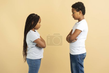 Foto de Retrato de niños ofendidos Hermano y hermana afroamericanos de pie y mirándose unos a otros con los brazos cruzados aislados sobre fondo beige, espacio para copiar. Concepto familiar - Imagen libre de derechos
