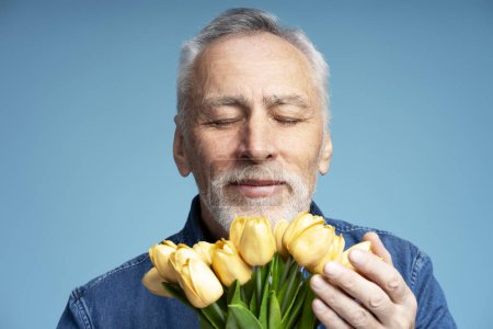 Photo for Closeup portrait of smiling senior man wearing stylish denim shirt, holding bouquet of flowers, yellow tulips, with closed eyes sniffing them isolated on blue background. Advertisement concept - Royalty Free Image