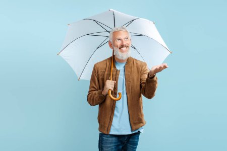 Photo for Portrait of handsome mature bearded man wearing stylish brown jacket holding umbrella looking away isolated on blue background. Protection concept, weather forecast - Royalty Free Image