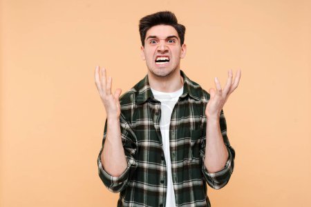Photo for Angry man wearing plaid shirt screaming looking at camera isolated on beige background. Advertisement concept, people emotions - Royalty Free Image