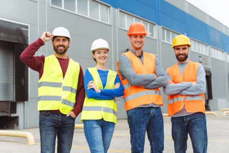 Photo for Confident successful managers, workers, men and woman wearing hard hats, vests and work clothes with crossed arms standing outside warehouse, looking at camera. Business concept, teamwork - Royalty Free Image