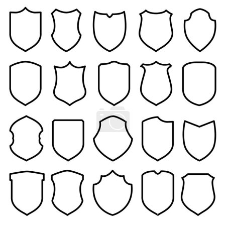 Illustration for Different Shield Shape Variants.available in Big Set.Shield icon set.protection badge with line pattern. Black security icon. Protection symbol. Barrier logo.Vector illustration of security. - Royalty Free Image