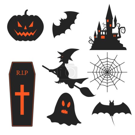 Téléchargez les illustrations : Ensemble de silhouettes vectorielles thématiques de célébration d'Halloween - en licence libre de droit
