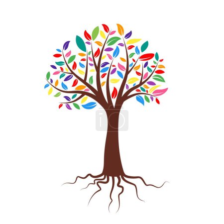 Téléchargez les illustrations : Arbre aux feuilles colorées, illustration d'une silhouette d'arbre aux branches et feuilles. - en licence libre de droit