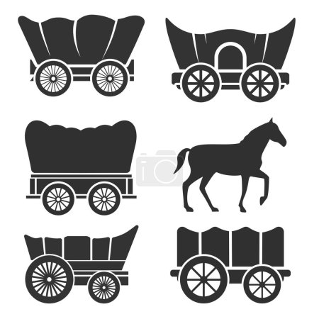 Ilustración de Conjunto de vagón cubierto, ilustración vectorial de un caballo conduciendo un vagón occidental, silueta de transporte antiguo - Imagen libre de derechos