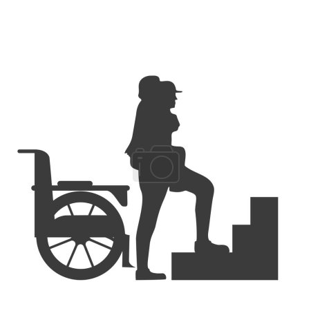 Illustration for Silhouette of a person helping a disability person, black and white vector illustration of a person in a wheelchair - Royalty Free Image