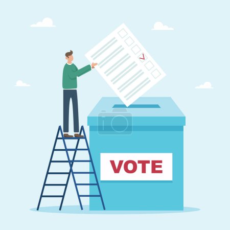 A man with a voting card puts his vote into the ballot box. Little people, voters. Election concept. Secret ballot. The businessman casts his vote.