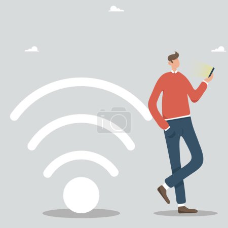 Téléchargez les illustrations : A person in the free internet zone is working on a phone, next to a large Wi-Fi sign. Free wi-fi hotspot, wi-fi bar, public evaluation area, portable device concept. - en licence libre de droit