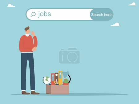 Illustration for Searching for a new job, employment, career, finding an opportunity, looking for a vacancy or workplace concept, a businessman searches the internet using a search bar for a job offer. - Royalty Free Image