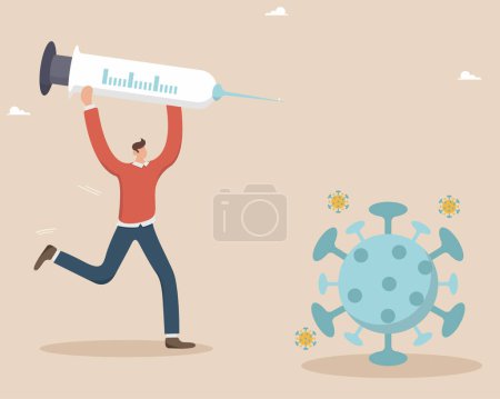 Illustration for COVID-19 virus vaccine, syringe injection, flu prevention, vaccination, immunization, viral infection treatment, a person runs with a huge syringe in which the virus pathogen. - Royalty Free Image