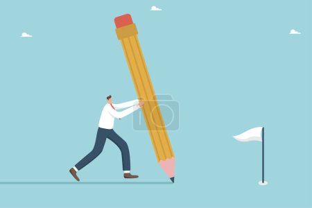Illustration for Workflow, project progress, work experience, reach the finish line in projects through hard work, finishing a task, a businessman with a huge pencil draws a workflow line to the achievement flag. - Royalty Free Image