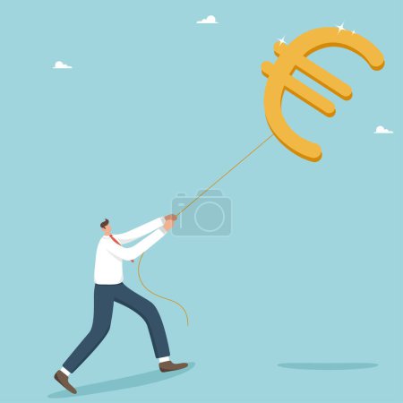 Ilustración de Achieving financial goals or an investor in search of profit and return on investment, a successful businessman pulling a euro balloon. Opportunity to receive a large salary, income or profit. - Imagen libre de derechos