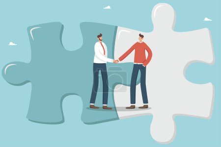 Illustration pour Collaboration, cooperation or partnership and agreement to help business success, business merger or acquisition, end of negotiations, success, businessmen complete a deal and shake hands in a puzzle. - image libre de droit