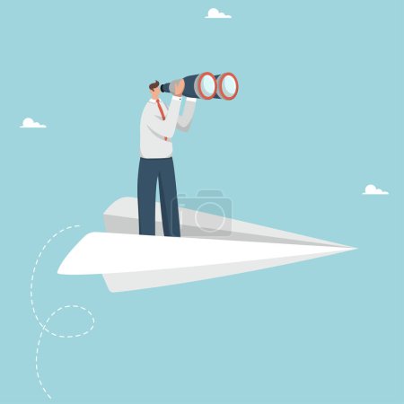 Illustration for Business vision direction. Innovative success, career growth and goal achievement. See opportunities and create a business strategy. Businessman holding binoculars standing on a paper plane. - Royalty Free Image