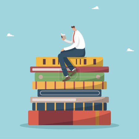Ilustración de Reading books for gaining knowledge, intelligence and thinking skills, personal and career growth, knowledge or education for future work, reading list concept, man reading a book on a stack of books. - Imagen libre de derechos