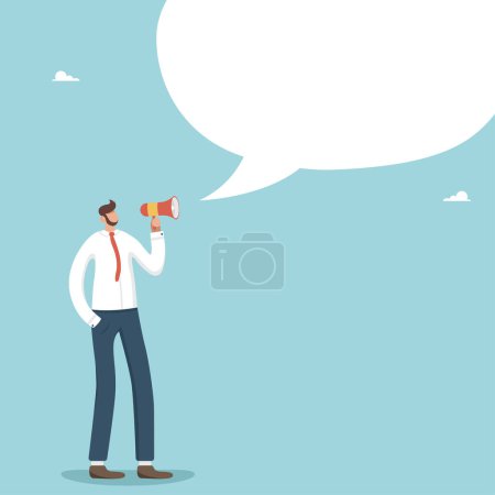 Illustration for Leader communication, management ability to communicate with employee, announcement or storytelling, communication skills, businessman broadcast information with gramophone, big thought at the top. - Royalty Free Image