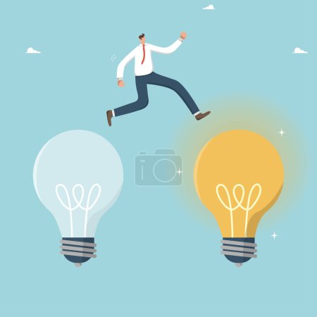 Illustration for Finding an idea to achieve a goal, strategic planning, career path, creative problem solving, brainstorming, using innovation for a successful business, man jumping from light bulb off to on. - Royalty Free Image