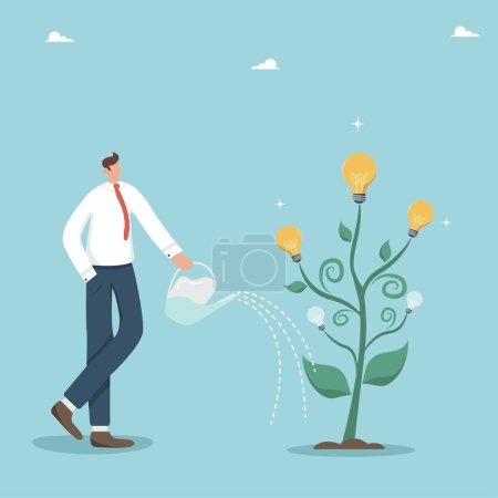 Illustration for Work hard to achieve your goals, look for creative ideas to grow your business, create to solve problems, use innovation to run your business, water the tree with light bulbs of ideas. - Royalty Free Image