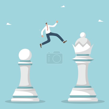 Ilustración de To move forward according to a plan or career ladder, to achieve planned heights, to succeed in a business strategy, to outperform competitors, a person jumps from a pawn into a chess queen. - Imagen libre de derechos