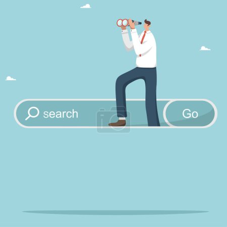 Illustration for Search for the necessary information or opportunities, openness to new knowledge or science, a person looks through vacancies for a new job. The man is on the search line and looks through binoculars. - Royalty Free Image