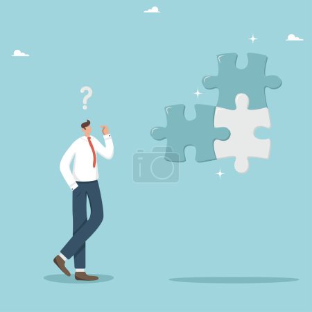 Ilustración de Thinking, thought process, gaining knowledge, finding ways to solve a complex problem, creating a strategy or a long-term plan for the development of a new business, a businessman solves a puzzle. - Imagen libre de derechos