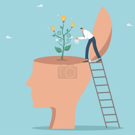 Illustration for Personal growth or development of intellectual potential, grow a genius in yourself, creative thinking and intuition for business development and problem solving, man watering a tree with light bulbs. - Royalty Free Image