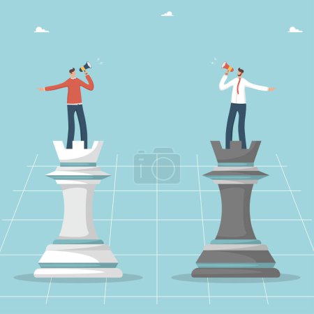 Illustration for Opposite business vision, team conflict or dilemma, disagreement of team players, alternative choice and search for arguments in favor of the right plan, two people point in different directions. - Royalty Free Image