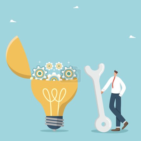 Illustration for Make efforts for new opportunities, find the key to create a new idea or innovation, creativity and intelligence to solve business problems. Businessman with a wrench near a light bulb with gears. - Royalty Free Image