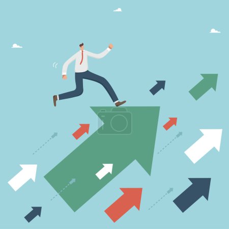 Illustration for Move forward towards your goals, look for ways out of difficulties, stick to the right strategy, find alternative ways to grow your business and improve the economy. Businessman running up the arrows. - Royalty Free Image